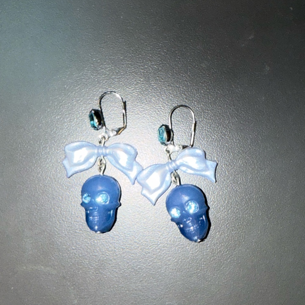 Tarina Tarantino Blue Skull Earrings with Light Blue Bows - Picture 2 of 5